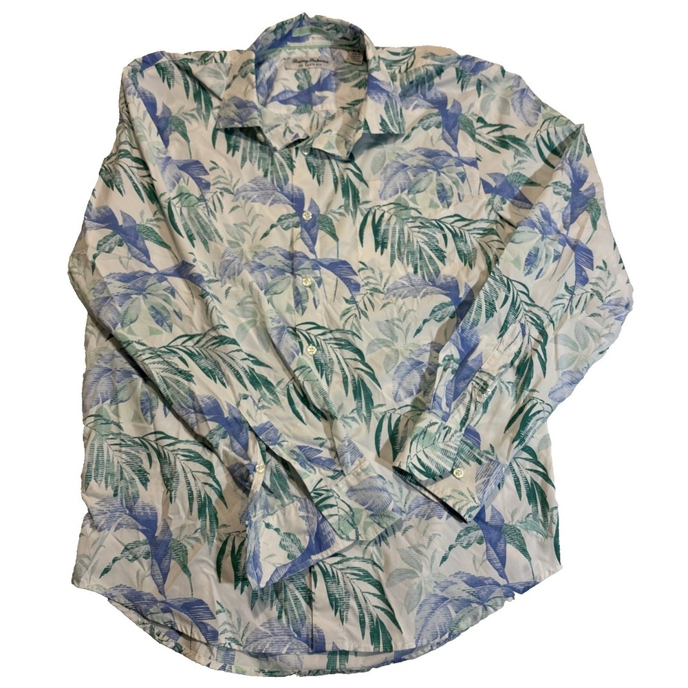 Tommy Bahama The Siesta Key Mens Medium Tropical Palm Print Stretch Shirt Blue